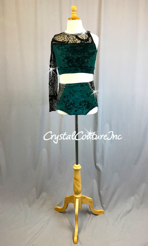 Dark Green Velour Crop Top and Trunk with Black Mesh - Rhinestones