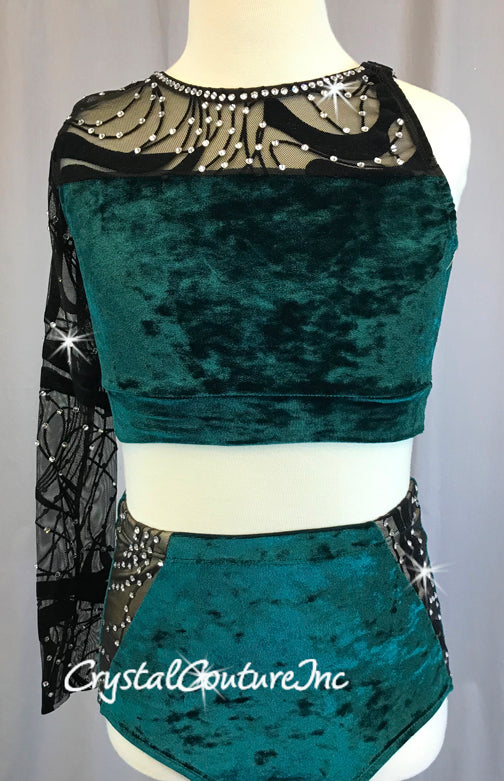 Dark Green Velour Crop Top and Trunk with Black Mesh - Rhinestones