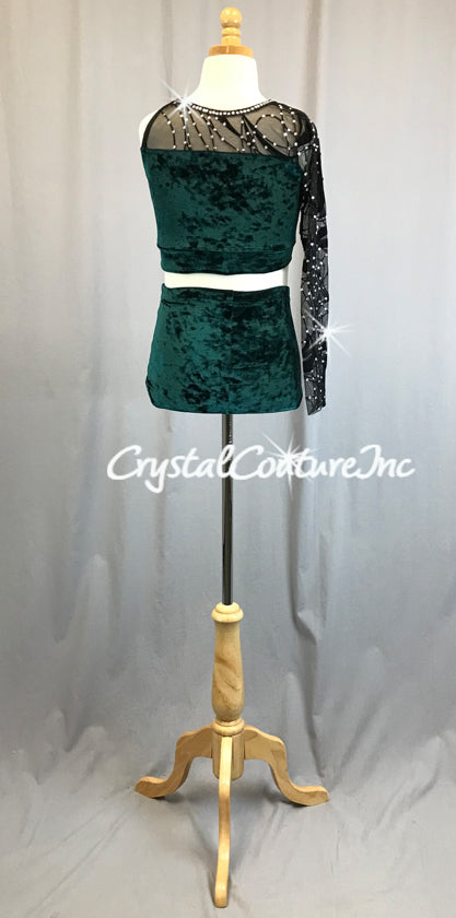Dark Green Velour Crop Top and Trunk with Black Mesh - Rhinestones
