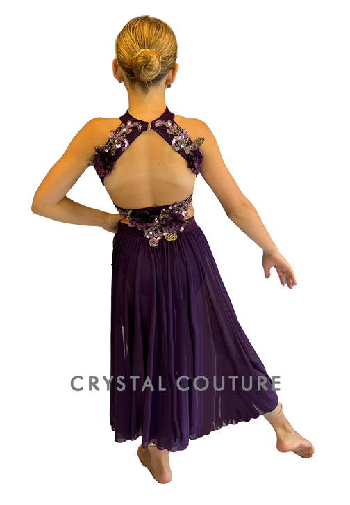 Deep Purple Connected 2Pc Mock-Neck Top and Trunk/Sheer Mesh Skirt