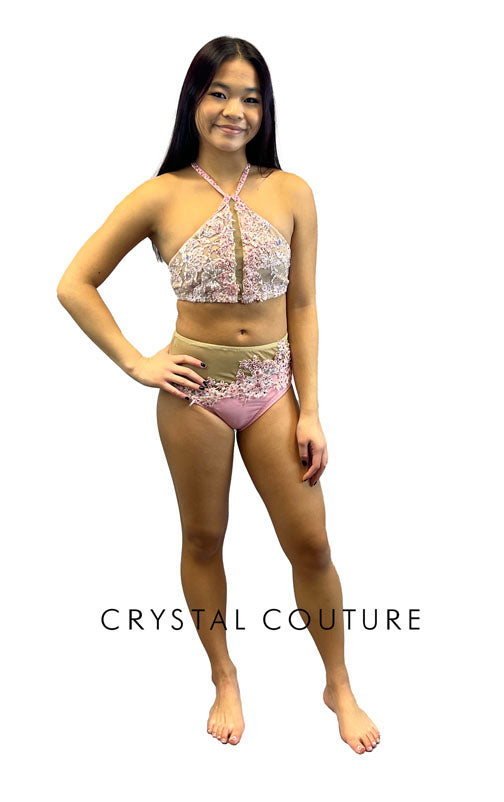 Lt Pink Embroidered Halter Top & Trunk with Sheer Nude Mesh Insets - Swarovski Rhinestones