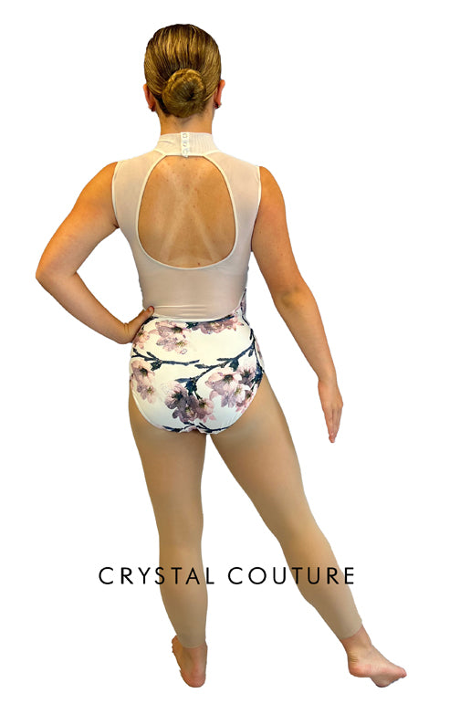 White Print Lycra Leotard with Flower and Vine Design - Swarovski Rhinestones