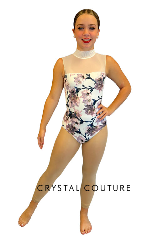 White Print Lycra Leotard with Flower and Vine Design - Swarovski Rhinestones