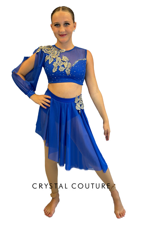 Royal Blue Lycra and Sheer Mesh Top and Trunk/Asymmetrical Skirt - Swarovski Rhinestones