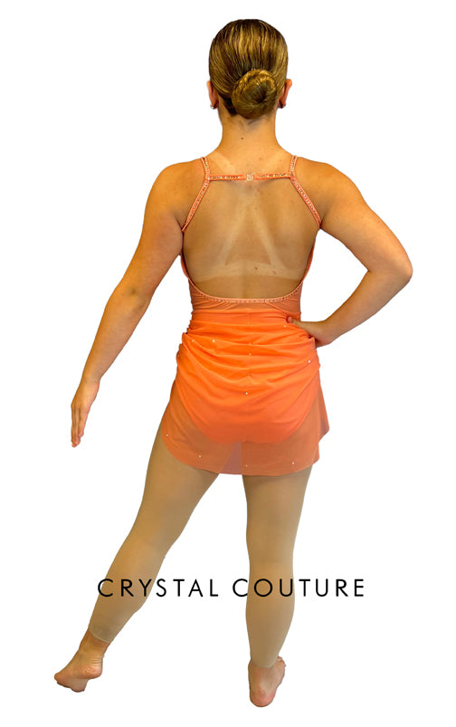 Coral Halter Sheer Mesh Leotard w/ Back Skirt