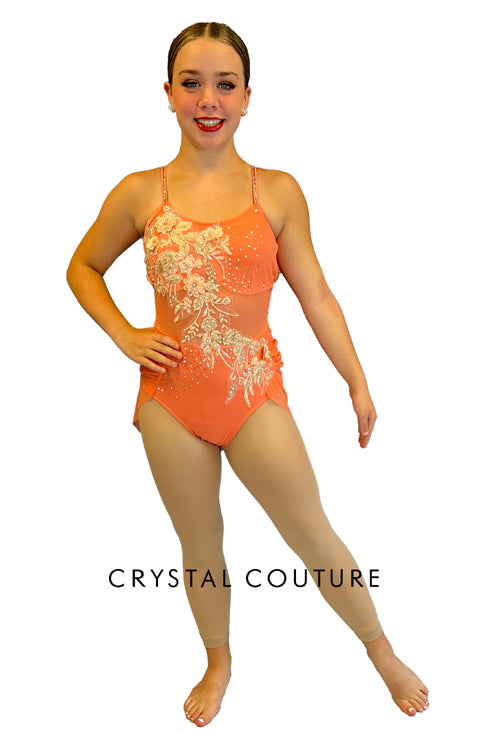 Coral Halter Sheer Mesh Leotard w/ Back Skirt