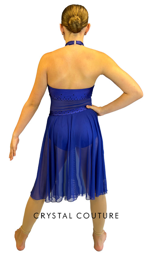 Royal Blue Halter Leotard with Back Mesh Skirt