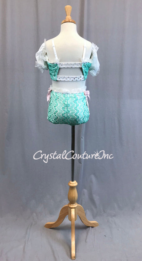 Mint, White, and Pastel Pink Two Piece with Lace and Rhinestones