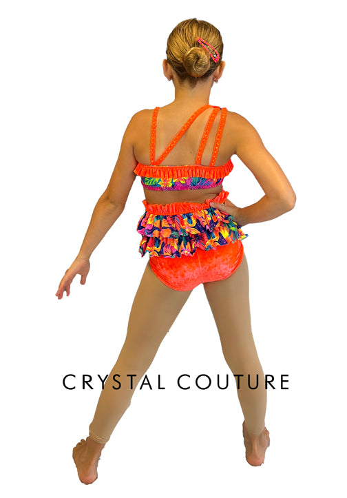 Multicolor and Neon Orange Hawaiian Style Bathing Suit Costume with Rhinestones
