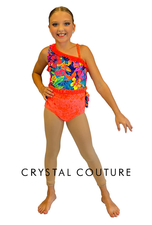 Multicolor and Neon Orange Hawaiian Style Bathing Suit Costume with Rhinestones