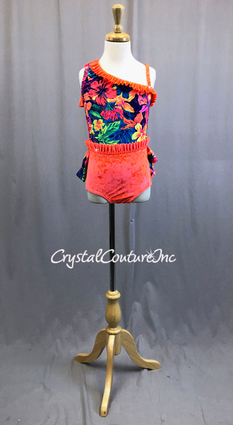 Multicolor and Neon Orange Hawaiian Style Bathing Suit Costume with Rhinestones