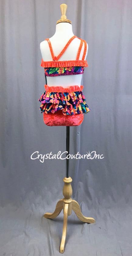 Multicolor and Neon Orange Hawaiian Style Bathing Suit Costume with Rhinestones