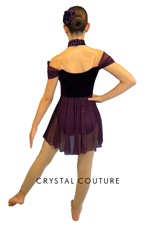 Deep Purple Velvet and Mesh Lyrical Dress with Rhinestones and Off-Shoulder Sleeves