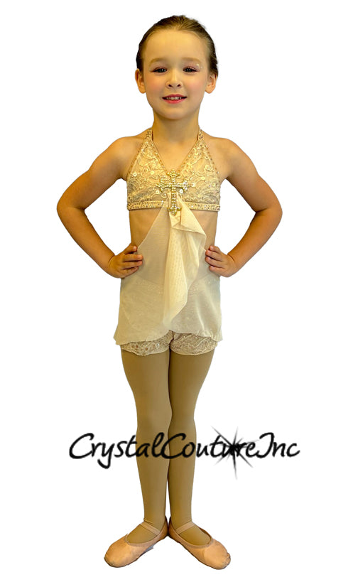 Nude Two Piece Connected Top and Short with Cross and Rhinestones