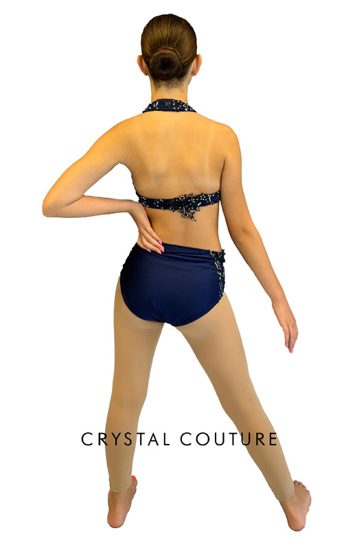 Navy Blue Two Piece Halter and Trunk with Appliques and Rhinestones