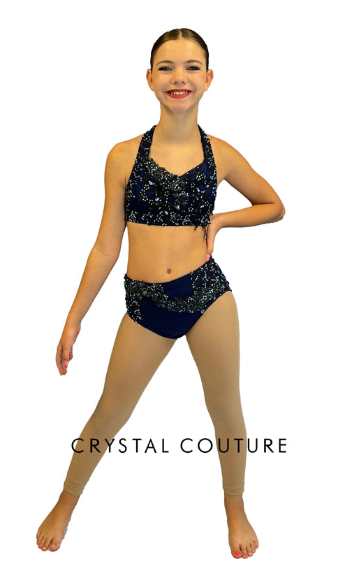 Navy Blue Two Piece Halter and Trunk with Appliques and Rhinestones