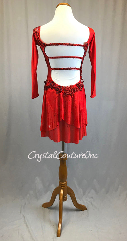 Custom Red Shimmer Lycra Long Sleeve Leotard with Attached Half Skirt - Appliques & Rhinestones