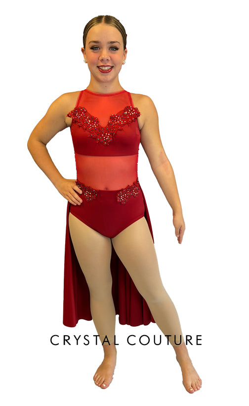 Red Rhinestoned Lycra and Mesh Leo with Half Skirt and Appliques