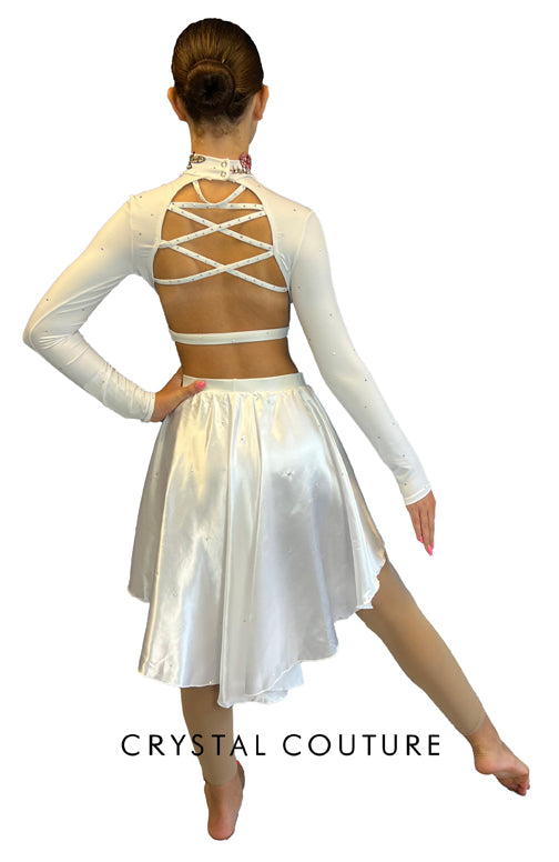 White Two Piece High Neck Long Sleeve Top with High Low Half Skirt - Appliques and Rhinestones
