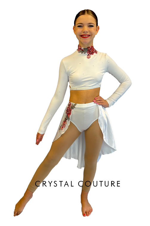 White Two Piece High Neck Long Sleeve Top with High Low Half Skirt - Appliques and Rhinestones