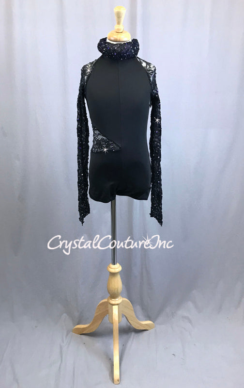 Black and Purple Short Unitard with Long Lace Sleeves and Puffed Collar - Rhinestones