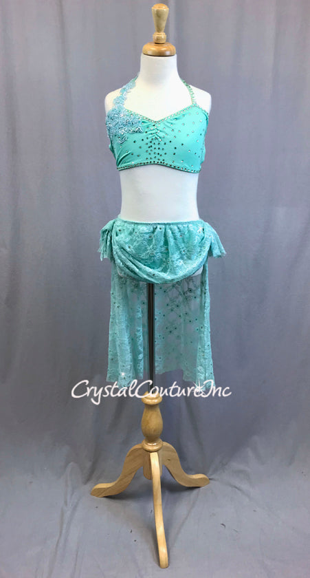 Mint Green Two Piece Halter Top with Lace High Low Skirt and Rhinestones