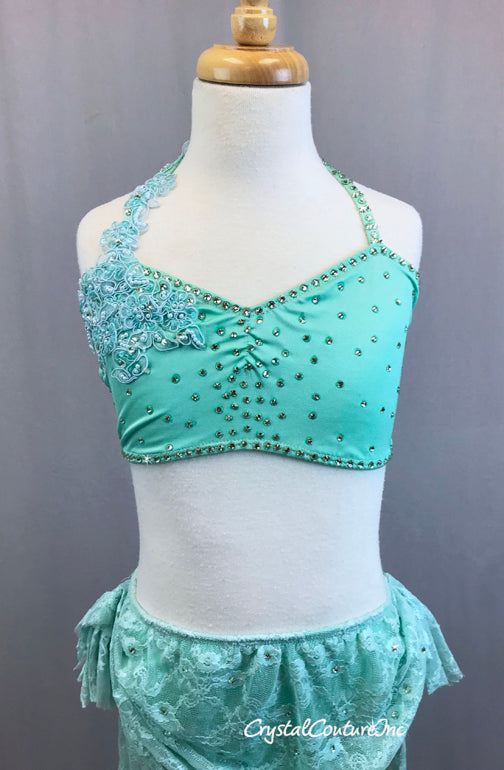 Mint Green Two Piece Halter Top with Lace High Low Skirt and Rhinestones
