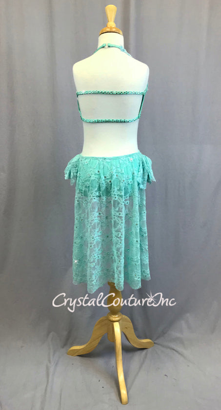 Mint Green Two Piece Halter Top with Lace High Low Skirt and Rhinestones