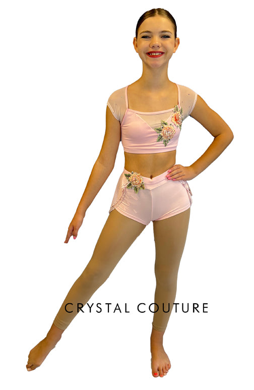 Pastel Pink Two Piece with Mesh Cap Sleeves and High Low Skirt - Rhinestones and Floral Appliques