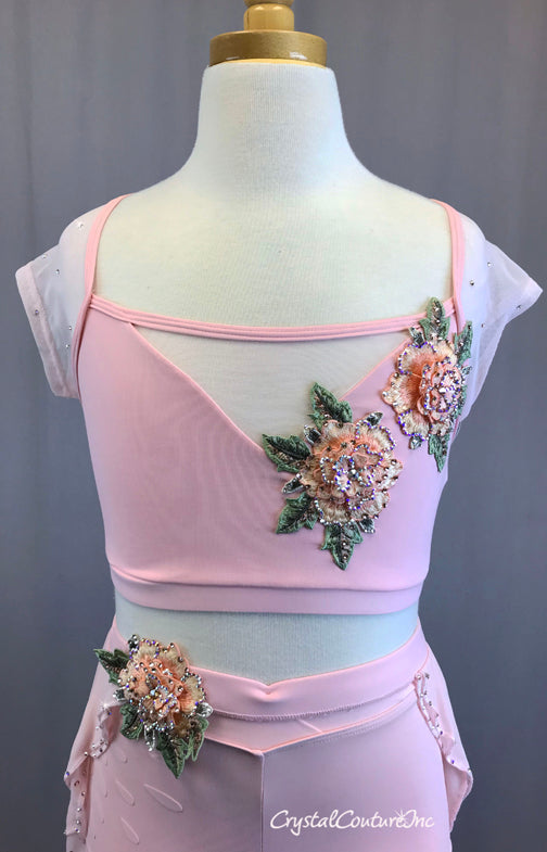 Pastel Pink Two Piece with Mesh Cap Sleeves and High Low Skirt - Rhinestones and Floral Appliques