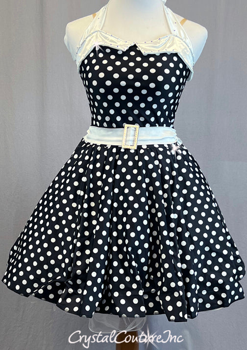Black and White Polka Dot 50s Style Dress with Halter and Crinoline - Rhinestones