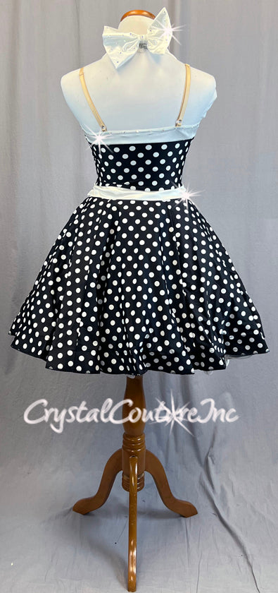 Black and White Polka Dot 50s Style Dress with Halter and Crinoline - Rhinestones