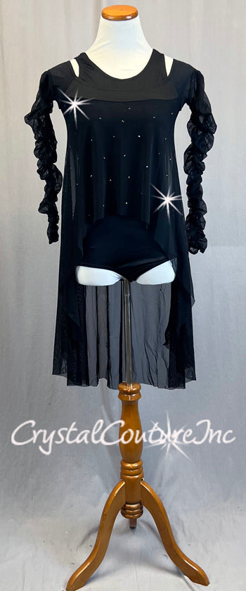 Black Sheer Mesh Dress with Long Ruched Sleeves and Rhinestones Crystal Couture Black Sheer Mesh Dress with Long Ruched Sleeves and Rhinestones Crystal Couture