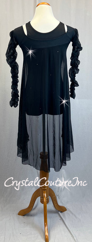 Black Sheer Mesh Dress with Long Ruched Sleeves and Rhinestones
