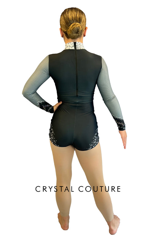 Grayscale Dotted Biketard with Long Sleeves and Mock Neck