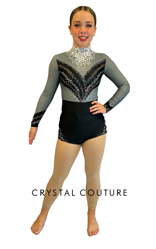 Grayscale Dotted Biketard with Long Sleeves and Mock Neck