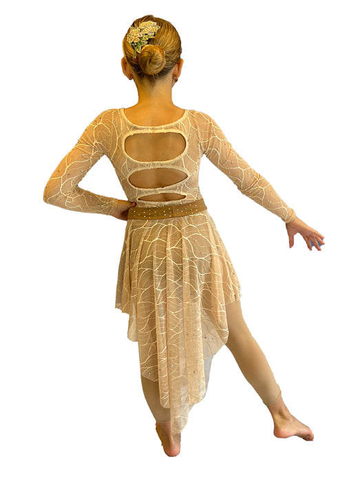 Nude Patterned Mesh Long Sleeve Leotard with High-Low Skirt - Rhinestones