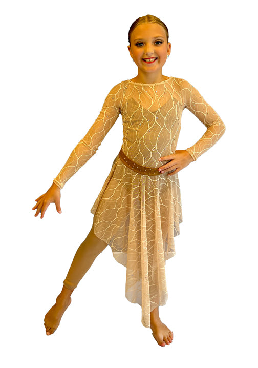 Nude Patterned Mesh Long Sleeve Leotard with High-Low Skirt - Rhinestones