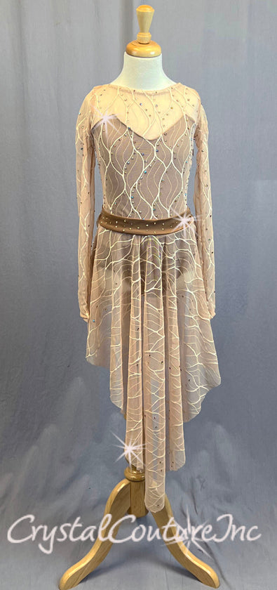 Nude Patterned Mesh Long Sleeve Leotard with High-Low Skirt - Rhinestones