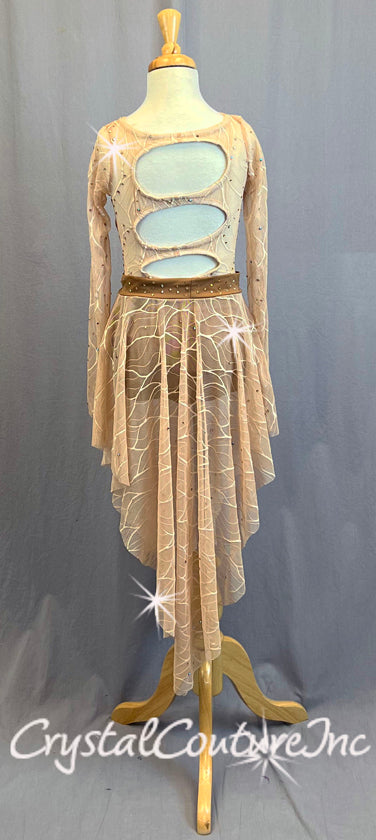 Nude Patterned Mesh Long Sleeve Leotard with High-Low Skirt - Rhinestones