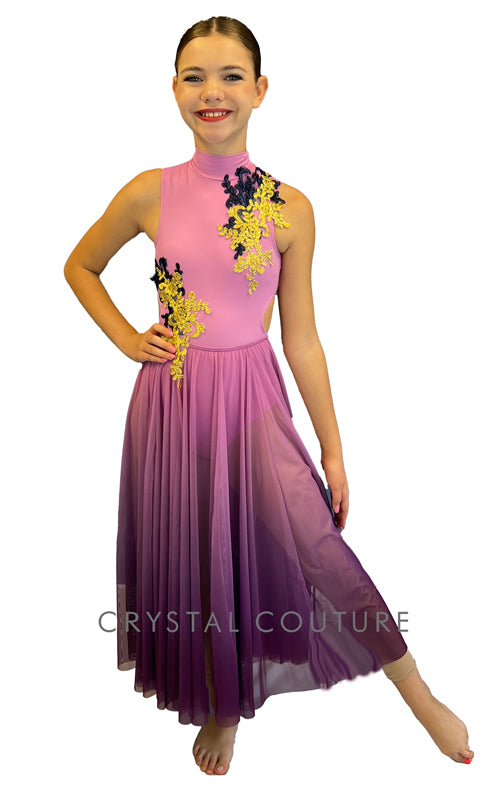 Pink Mock Neck Leotard with Attached Long Ombre Skirt and Appliques
