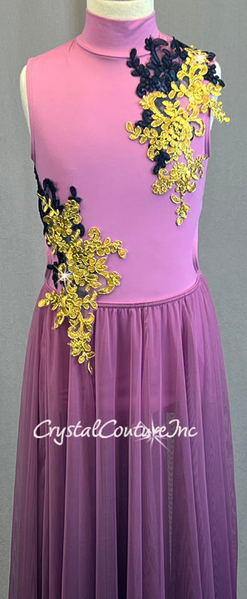 Pink Mock Neck Leotard with Attached Long Ombre Skirt and Appliques