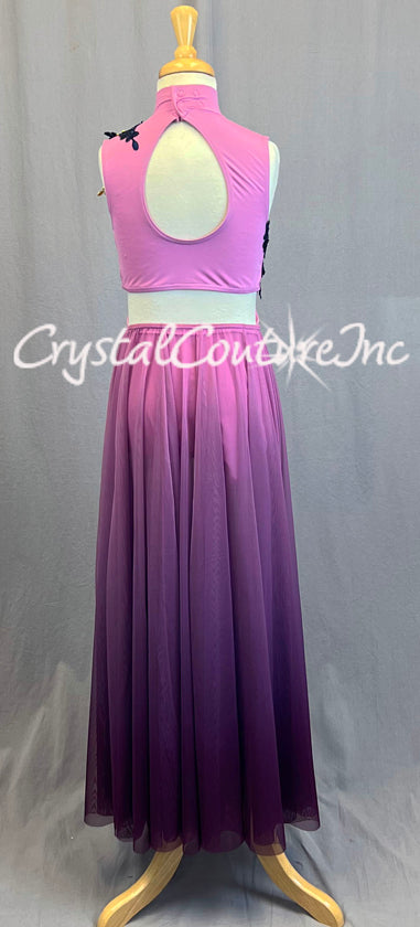 Pink Mock Neck Leotard with Attached Long Ombre Skirt and Appliques