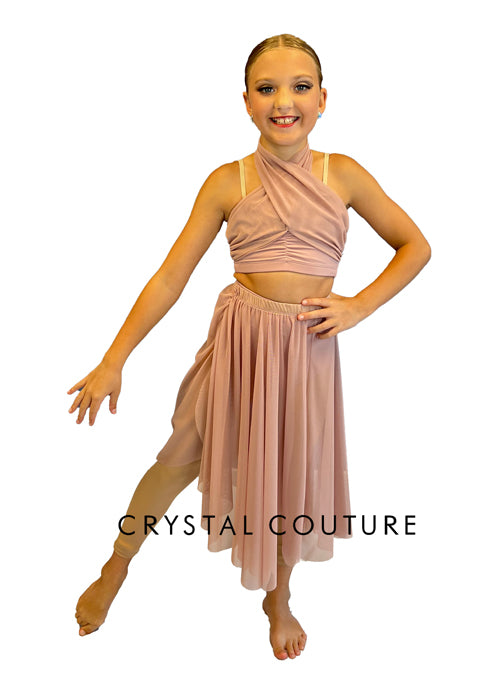 Dusty Rose Two Piece Halter Top with Long Mesh Skirt