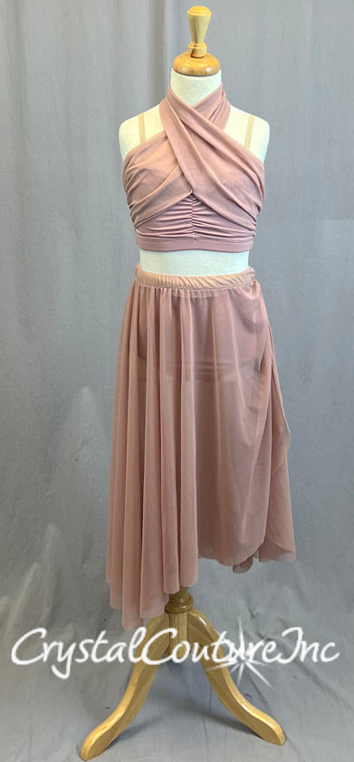 Dusty Rose Two Piece Halter Top with Long Mesh Skirt