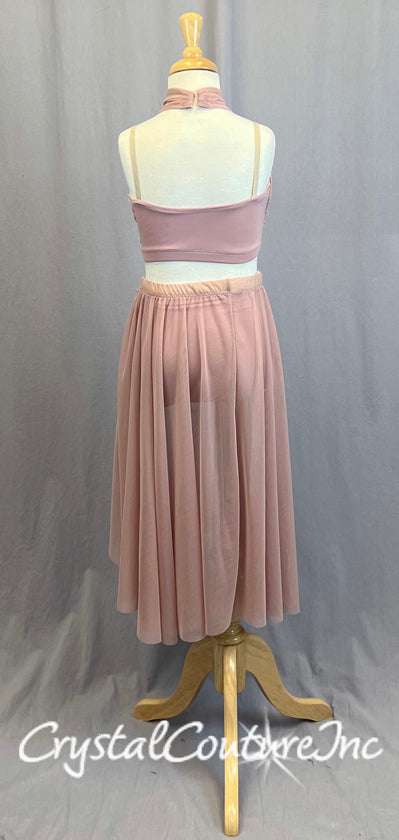 Dusty Rose Two Piece Halter Top with Long Mesh Skirt
