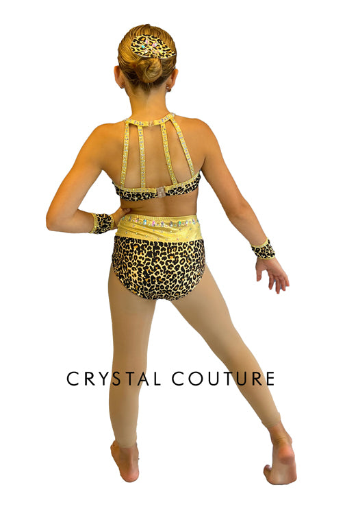 Two Piece Leopard Print Bra Top and Trunks with Gold Accents - Rhinestones and Appliques