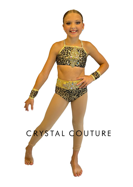 Two Piece Leopard Print Bra Top and Trunks with Gold Accents - Rhinestones and Appliques