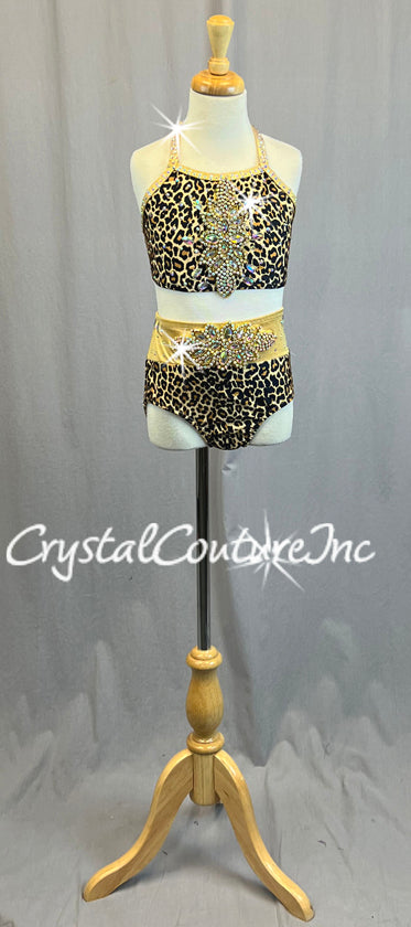 Two Piece Leopard Print Bra Top and Trunks with Gold Accents - Rhinestones and Appliques