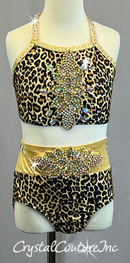Two Piece Leopard Print Bra Top and Trunks with Gold Accents - Rhinestones and Appliques